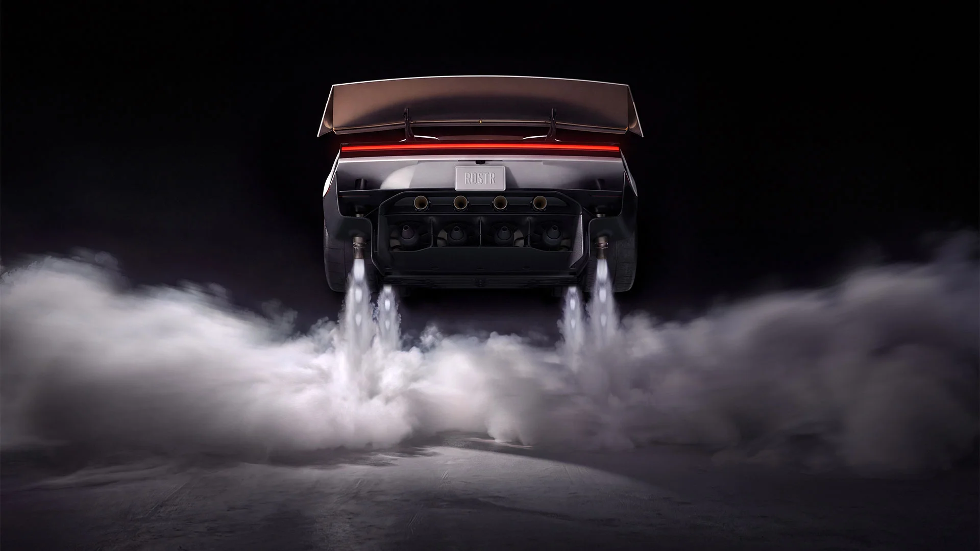 Rear view of the Tesla Roadster with cold-gas thrusters firing