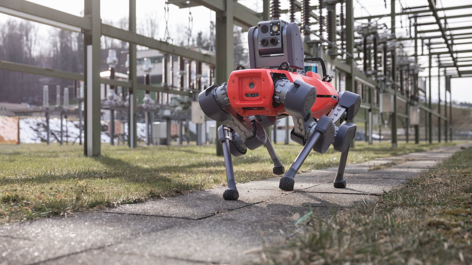 A gray and red ANYmal D four-legged robot walking through an electrical substation
