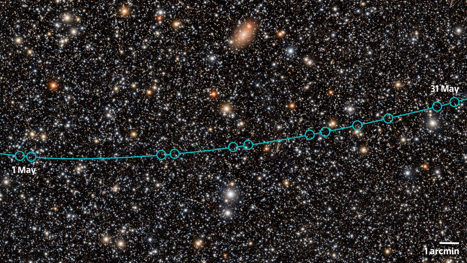 Dense field of stars imaged by Rubin Observatory, with a teal line and circles tracing the path of 2026 ED138 from 1 May to 31 May 2026