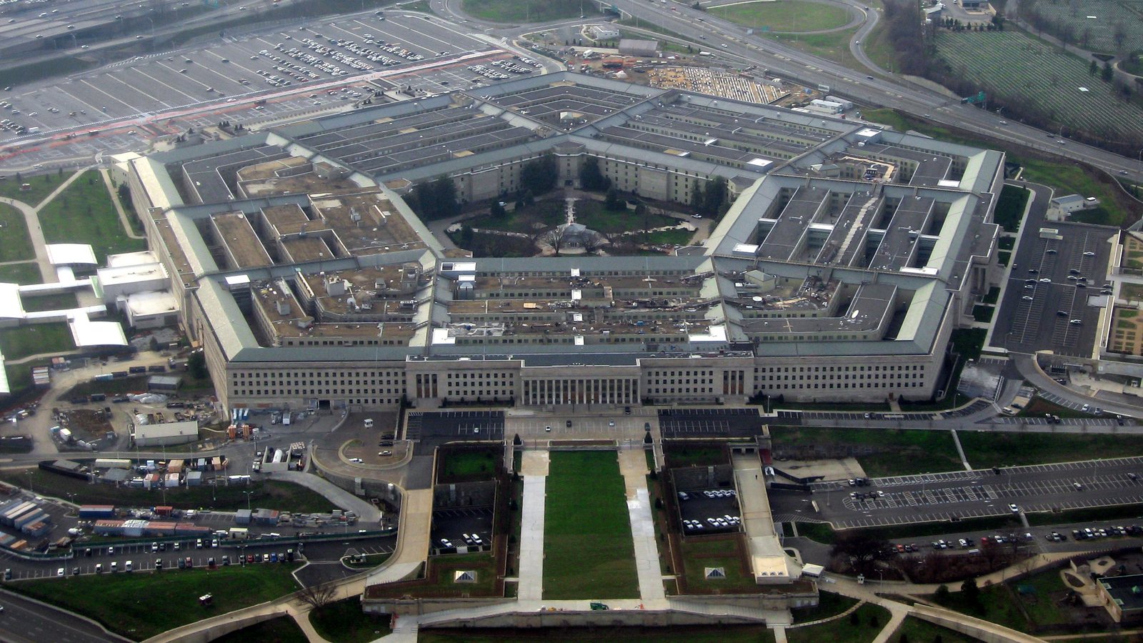 Aerial view of the Pentagon, the five-sided headquarters of the US Defense Department in Arlington, Virginia