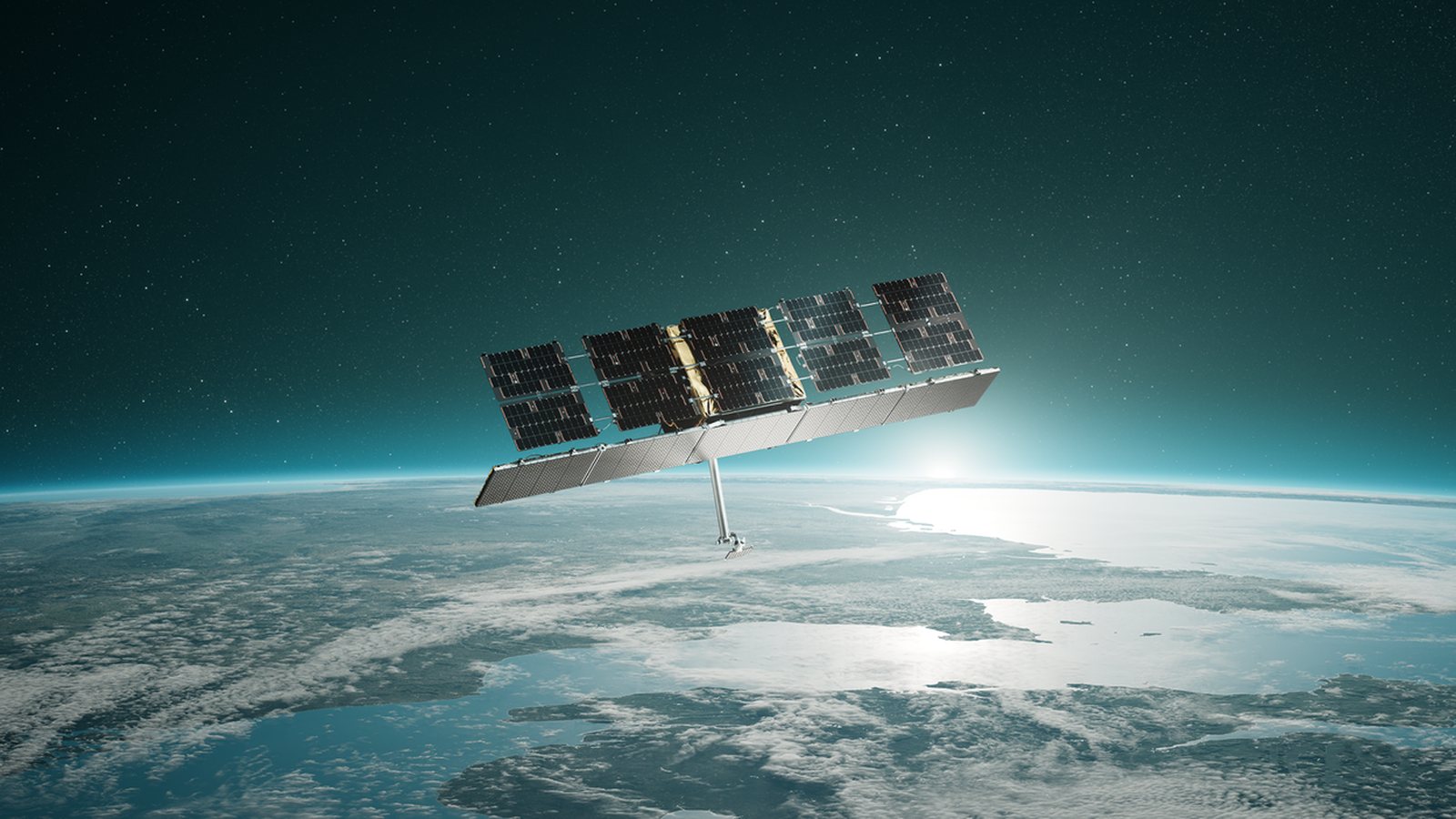 Artist's rendering of an ICEYE synthetic aperture radar satellite with solar panels orbiting above Earth