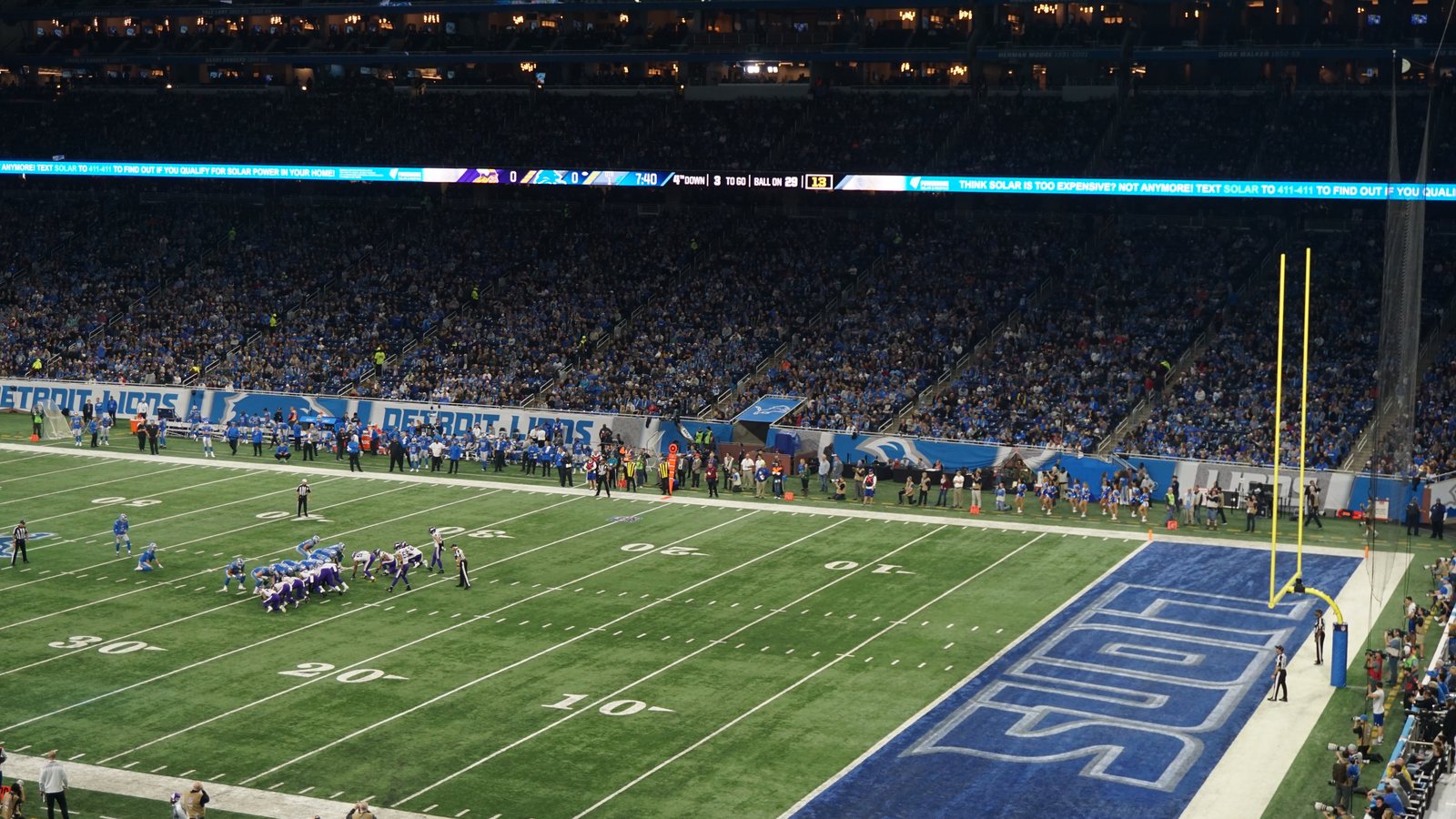 The Detroit Lions line up for a field goal at Ford Field in Detroit during a 2018 game against the Minnesota Vikings, seen from the upper deck
