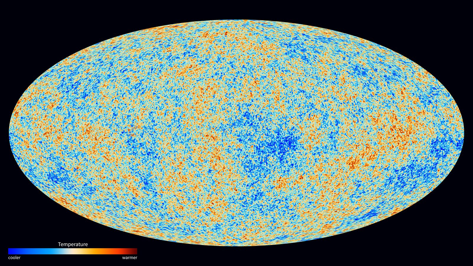 Planck satellite map of the cosmic microwave background, the oldest light in the universe, shown as mottled blue and orange temperature variations